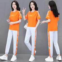 棉质拼色广场舞时尚休闲运动套装女夏季新款五分袖长裤宽松两件套