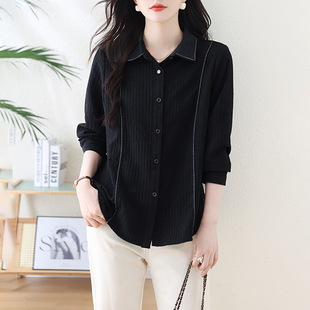 plus size Black Long-sleeved Shirt Women's Early Autumn New Salt Shrink Texture Sense High-end Temperament Daily Commuter Top