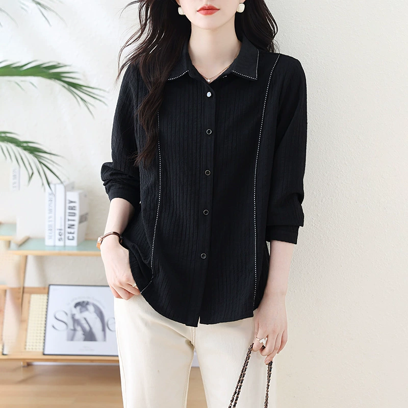 Женская рубашка больших размеров, черная, с длинным рукавом, новая модель для ранней осени, текстура с эффектом соленой ткани, элегантный повседневный топ для работы, очень большой размер.