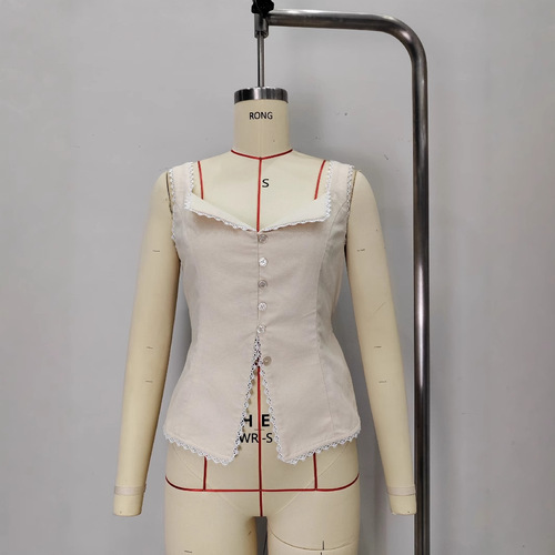 Elegant Americana-style women's French vintage cotton-linen lace patchwork fashionable button-down halter top with sleeveless backless upper garment