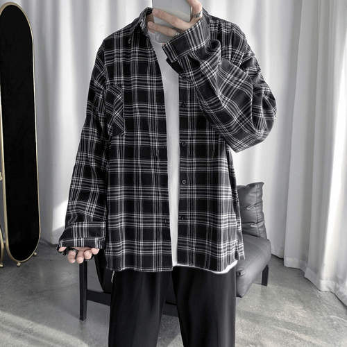 Men's Long-Sleeve Grid Shirt, Korean Style Trendy Matchable Loose Top, Spring and Summer New Arrival, Hong Kong Style Casual Jacket, Instagram Trendy
