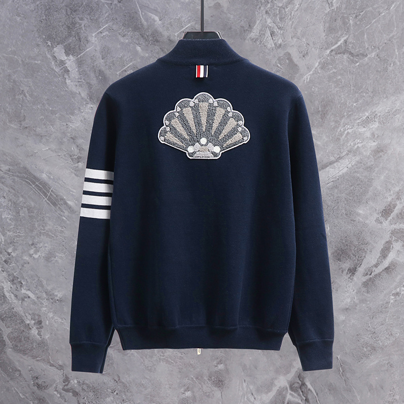 Tb Correct Version Peacock Tail Knit Jacket with Back Embroidery Zipper Baseball Jacket Unisex Trendy Coat