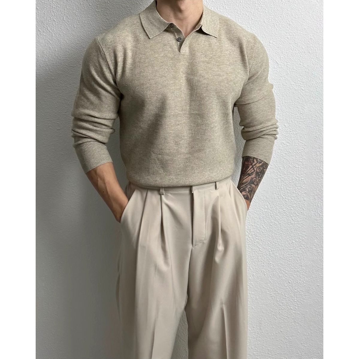 Oversized Polo Knit Sweater For Men – Business Casual Long Sleeve Pullover, Plus Size European Fit (Black/Beige/Gray)_viptrois.com