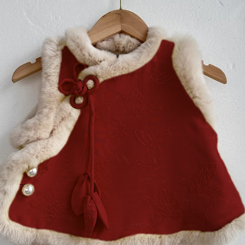 Salty Lime siete año nuevo saludo ropa chaleco rojo de las niñas invierno Estilo nacional cheongsam bebé niñas chaleco engrosado traje Tang DE LOS NIÑOS moda