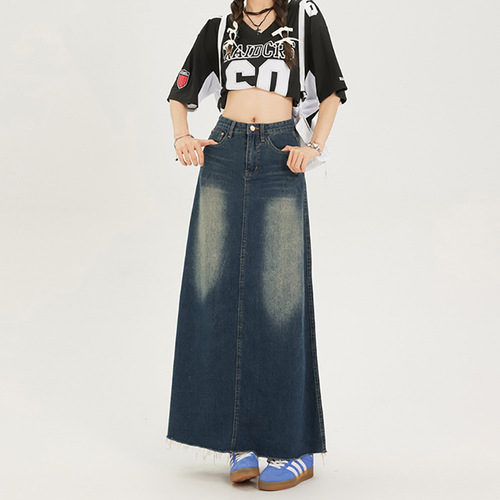 2407 Design Style Versatile Denim Skirt Women's Spring Summer Design Style Niche Hemline Mid-length Skirt