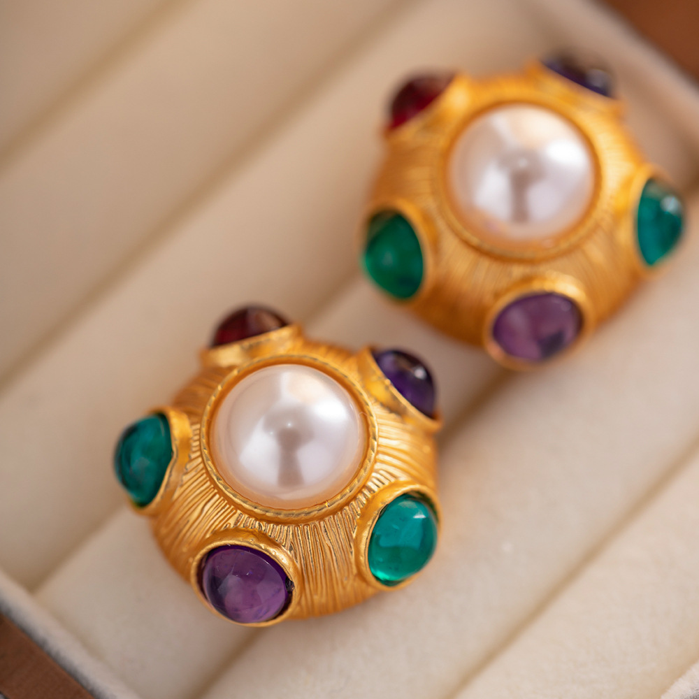 Vintage Style Geometric Copper Inlay Artificial Pearls Ear Studs 1 Pair