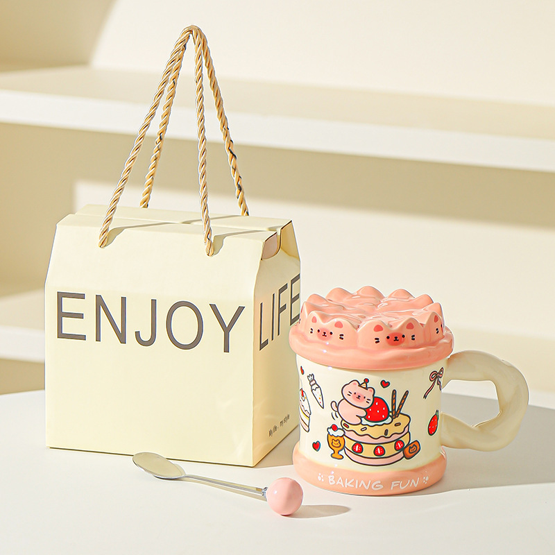 Tarta de cumpleaños pintada a mano, taza de gato, taza de cerámica de alta calidad con cubierta, taza de agua para niñas, taza de cerámica para parejas