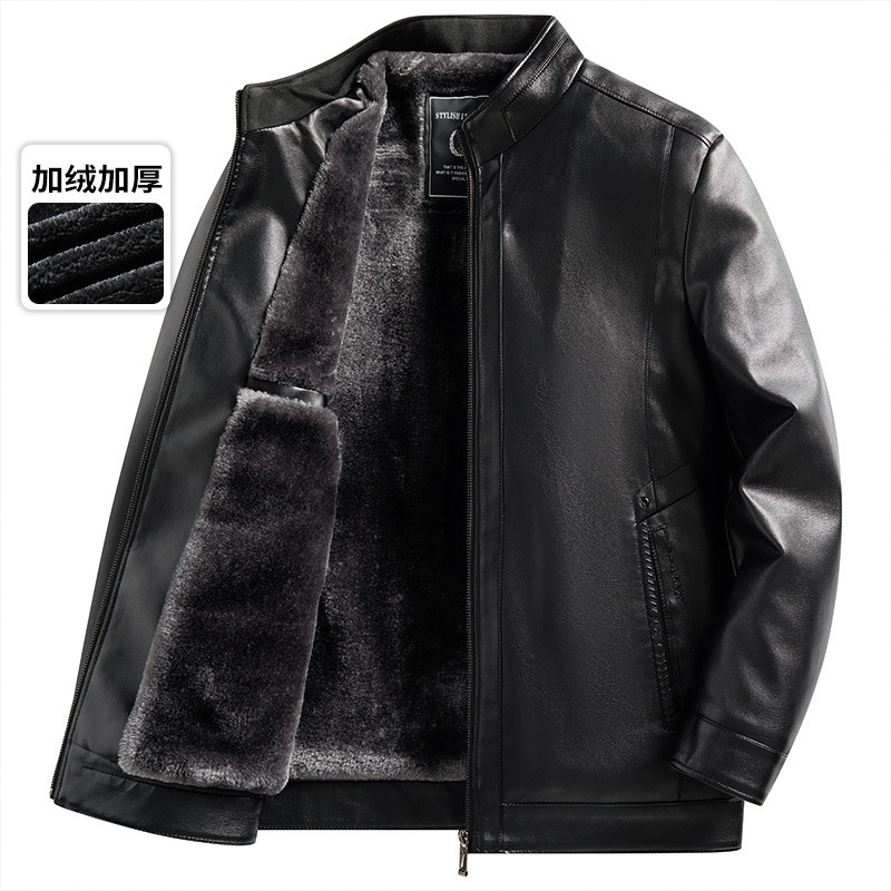Men's Winter Leather Jacket with Fleece Lining, Thickened for Warmth, Suitable for Middle-Aged and Elderly Men, Grandpa's Winter Warm Stand-Collar Leather Jacket