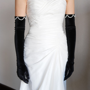 Wg180 Black French Hepburn Style Velvet Gloves Long Beaded Wedding Dinner Photo Props Accessories Wholesale