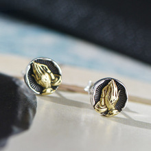 祈祷之手耳钉男 复古不锈钢创意圆形高级感耳饰女仿泰银简约 饰品