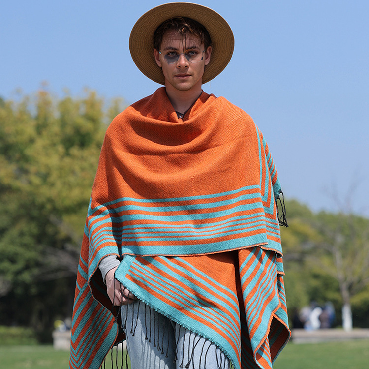 Autumn and Winter Men's New European and American Knitted Shawl Striped Cross-Border Hot Selling Tassel Slit Cape Factory Wholesale Scarf