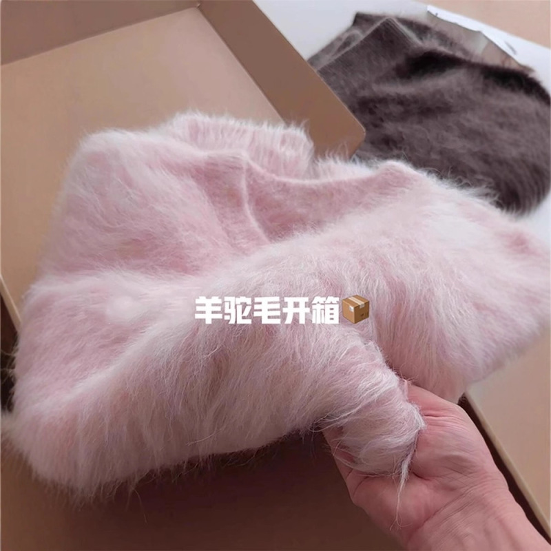秋冬季仿貂绒粉色羊驼毛毛衣羊绒衫女2025年新款毛茸茸针织衫上衣|undefined
