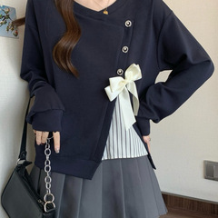 设计感假两件长袖卫衣女2025春秋季蝴蝶结宽松别致超好看上衣