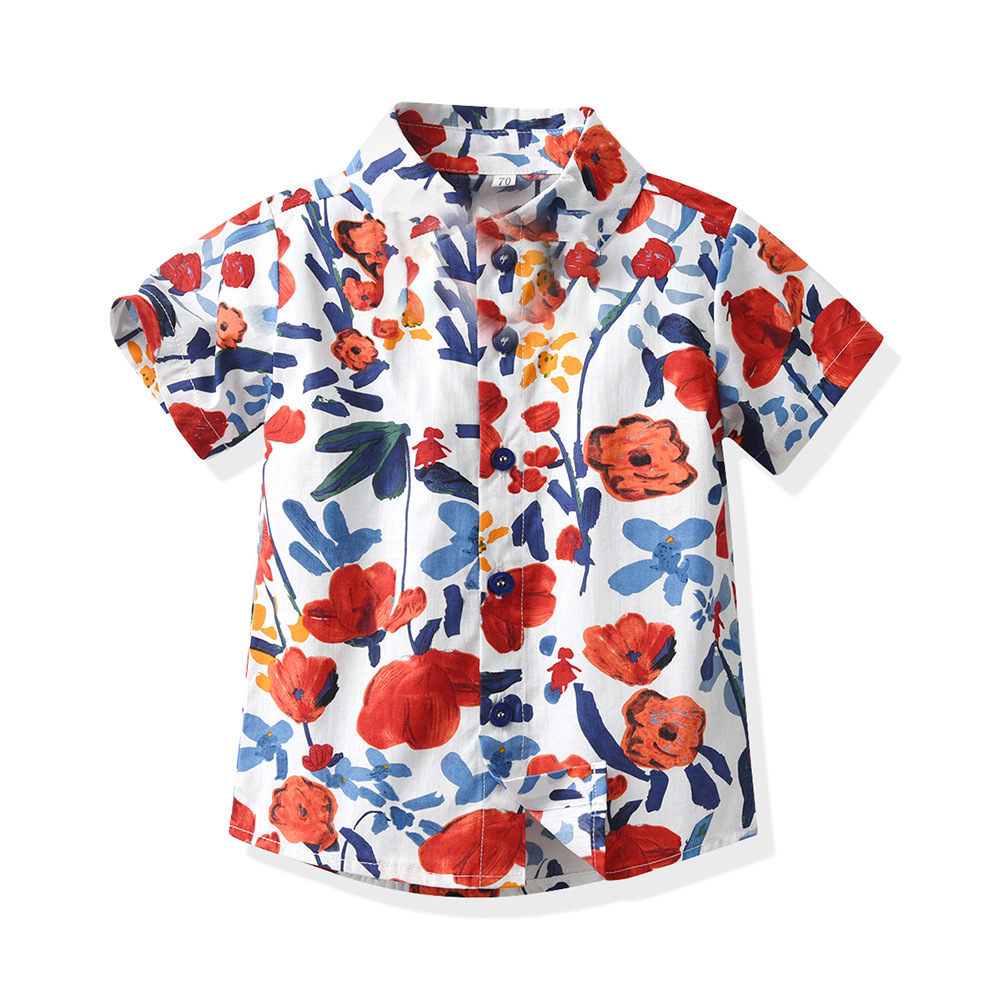 Camisa hawaiana multicolor para niños con cuello girado cárdigan de estilo de moda pelo de playa vacaciones de manga corta chaqueta de flores chaqueta casual