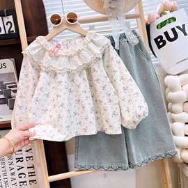 童装批发女童套装春秋2025新款儿童娃娃领碎花衬衫加牛仔裤两件套