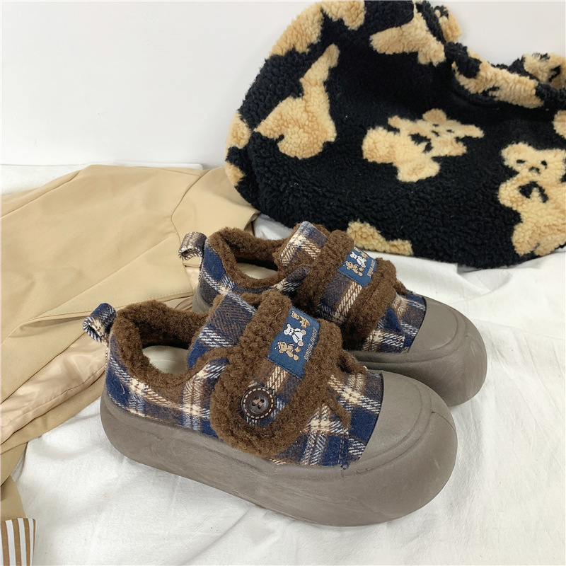 厚底加绒魔术贴女鞋2025冬款羊羔绒面包鞋休闲大头丑萌鞋远波2016
