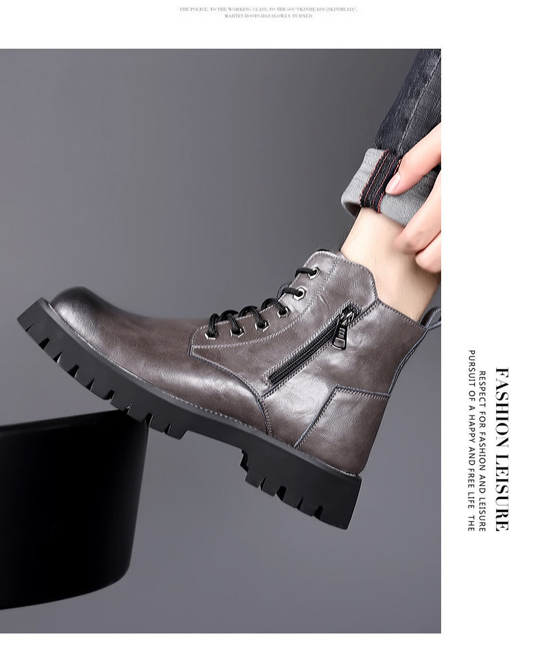 Bốt Martin nam cao cổ lót nhung giữ ấm, da bò, đế cao su, gót thấp 1-3 cm — Màu xám, Màu đen chi tiết 19