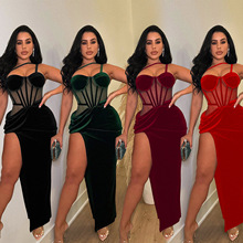 C6732跨境速卖通亚马逊欧美时尚女装纯色网纱吊带开叉长裙连衣裙