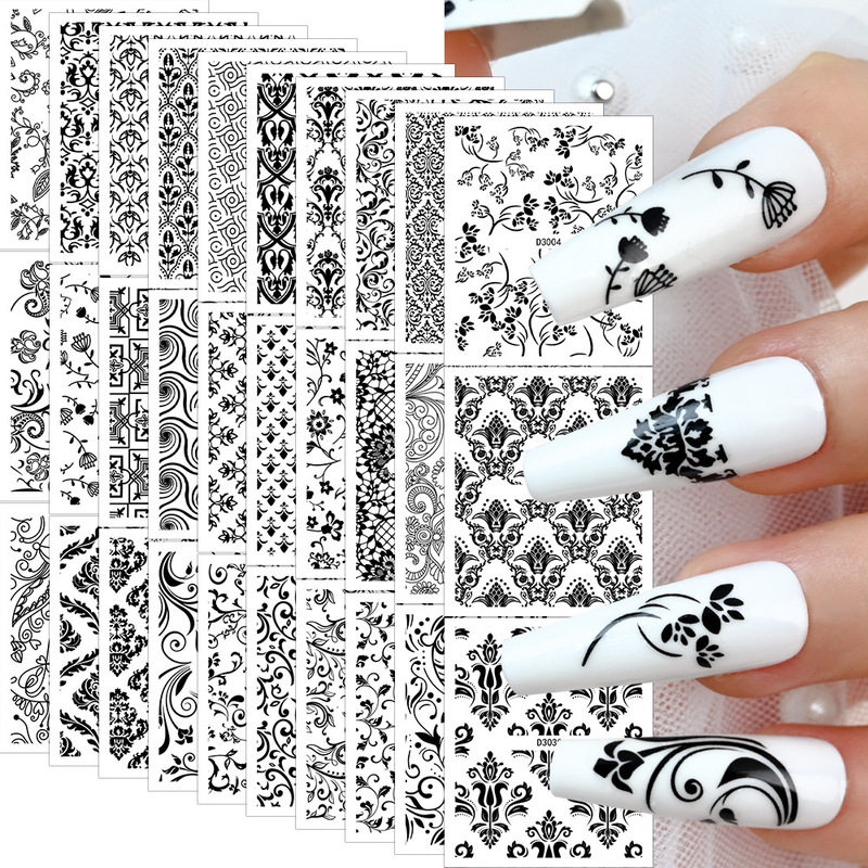 Cross-border Nail Art Stickers Black silver Lace Hollow Adhesive 30 Small Different Vintage suit Nail Stickers