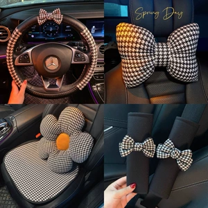 Houndstooth avtomobil interyer baş dayanağı boyun yastığı qadın qış sevimli avtomobil təhlükəsizlik kəməri çiyin qoruyucu ötürücü əl əyləci yastığı