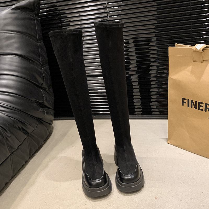 Small, thick soled, high-heeled, elastic, slim sock 2024 autumn and winter, retro Maillard knee high boots for women_voghion.com