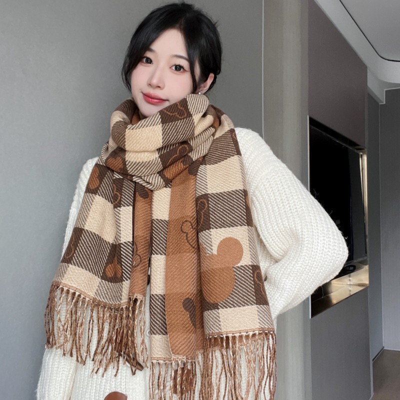 New 2026 Autumn and Winter Mickey Plaid Faux Cashmere Scarf for Women, Fashionable Versatile Thickened Warm Reversible Shawl Trend