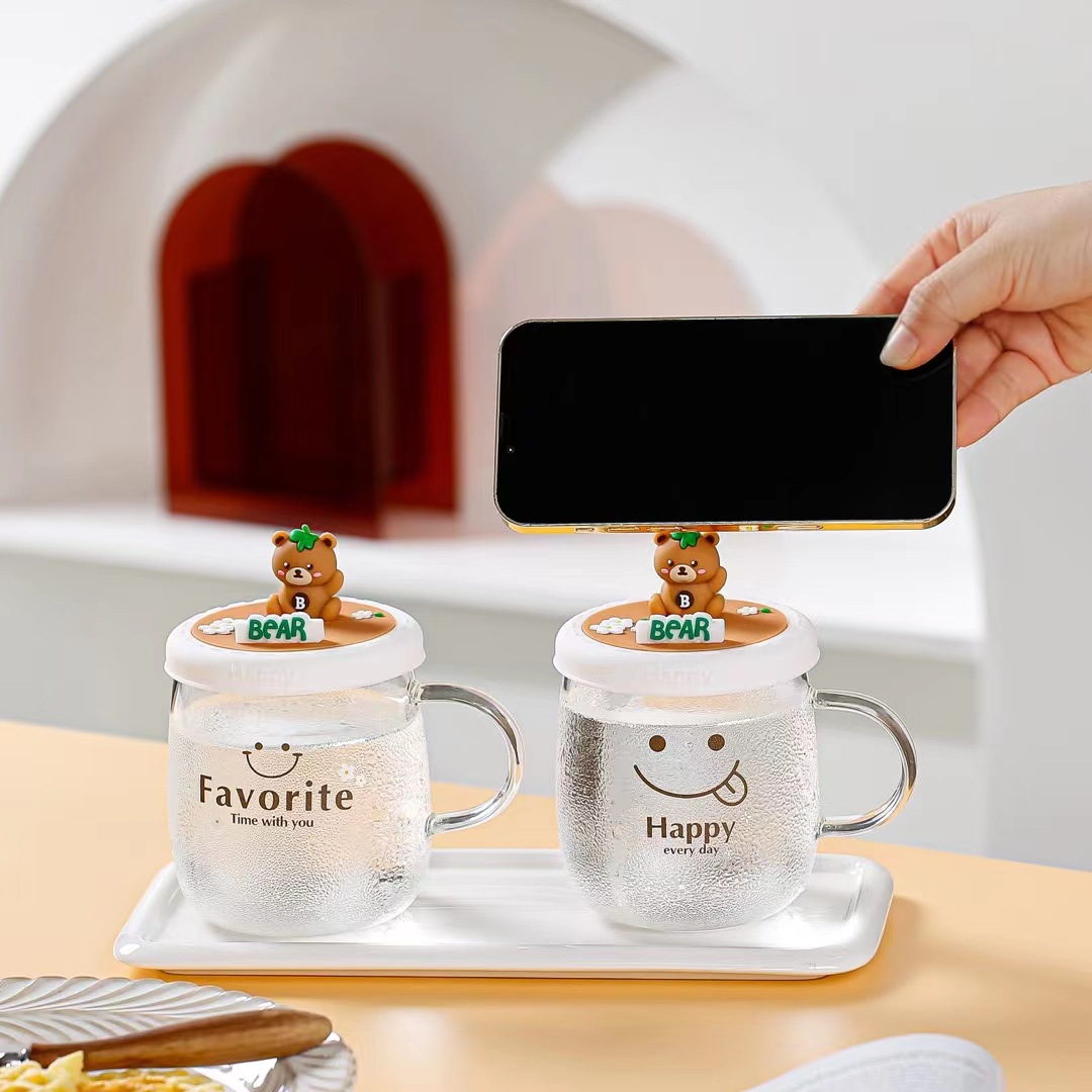 Creativo regalo personalizado lindo oso taza de cristal con tapa muñeca expresión taza de café taza de la Oficina