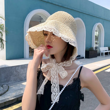 2021春秋时尚帽子女夏季新款网红蕾丝系带草帽沙滩遮阳帽