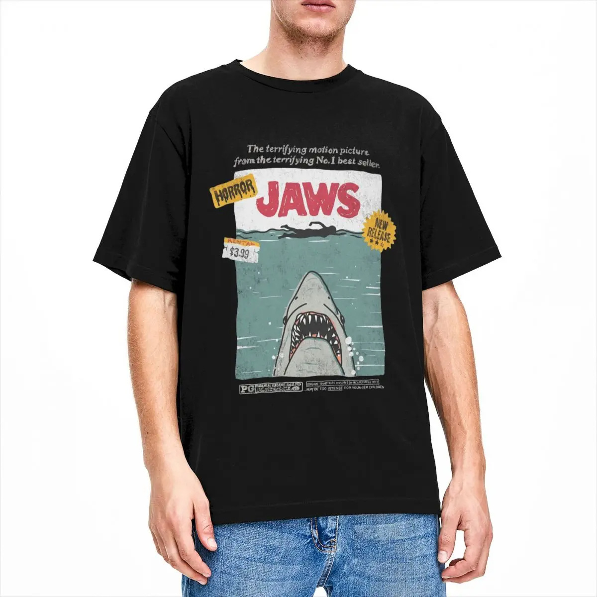 跨境欧美鱼类印花T恤男女情侣棉T 鲨鱼危险海报图案 海洋动物图片