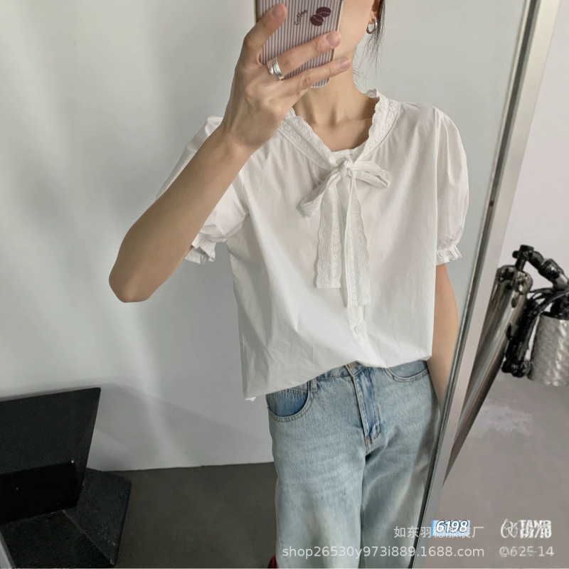 100% Cotton Embroidered Lace Tie-Neck White Shirt for Women, Summer Age-Reducing Korean Style Loose Versatile Short-Sleeve Top Ot361 100% Cotton Embroidered Lace Tie-Neck White Shirt for Women, Summer Age-Reducing Korean Style Loose Versatile Short-Sleeve Top Ot361