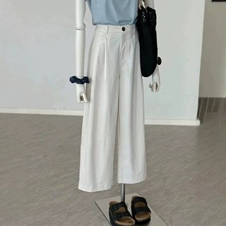 白色水洗棉遮胯休闲阔腿裤子女夏薄款松高腰显瘦垂感直筒九分长裤