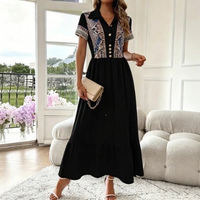 Wish European and American Plus-Size Cross-Border Aztec Print Long Dress American Western Retro Style High-Waisted Long Dress for Women Wish European and American Plus-Size Cross-Border Aztec Print Long Dress American Western Retro Style High-Waisted Long Dress for Women