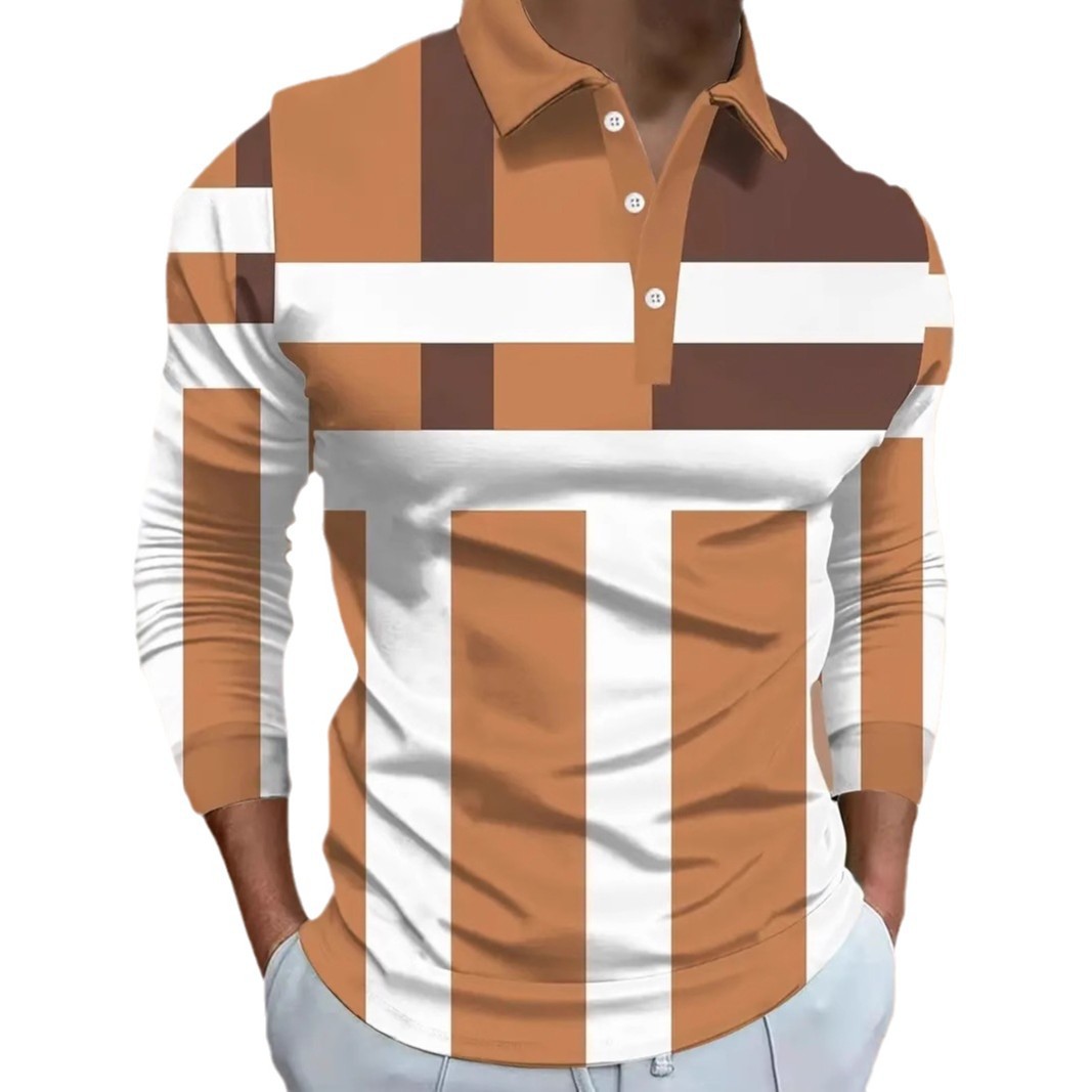 Color de contraste geométrico simple impresión 3D hombres primavera y otoño negocio suelto manga larga transpirable botón cuello POLO camisa en stock