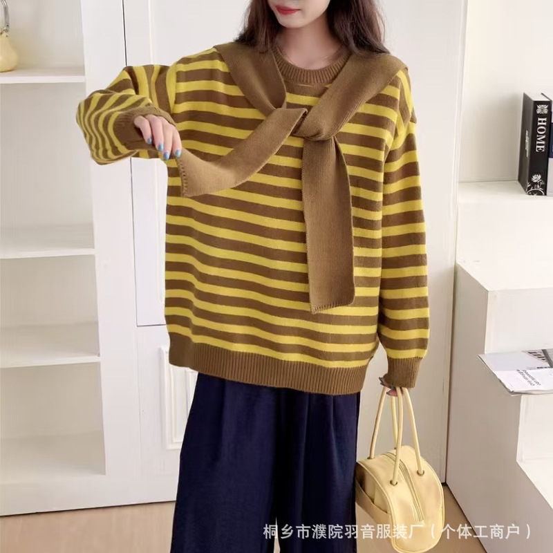 微胖MM毛衣女加厚大码秋冬新款学院风条纹百搭针织上衣围领两件套|undefined