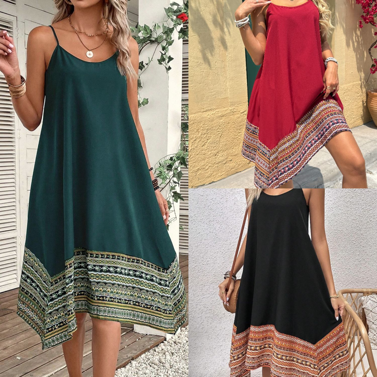 Real shot in stock foreign trade cross-border 1688 summer sling stitching printing irregular hem European and American dress