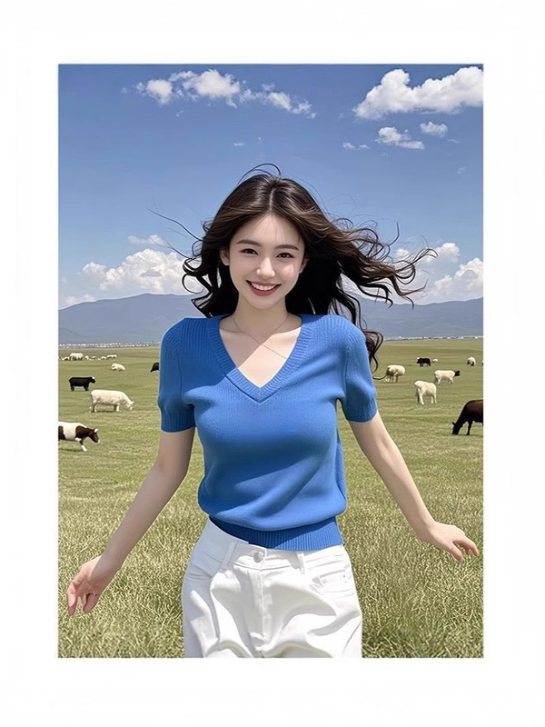 【工場直販】夏新作 美しい半袖ニットTシャツ レディース 右肩 ブルー おしゃれ 万能トップス|undefined