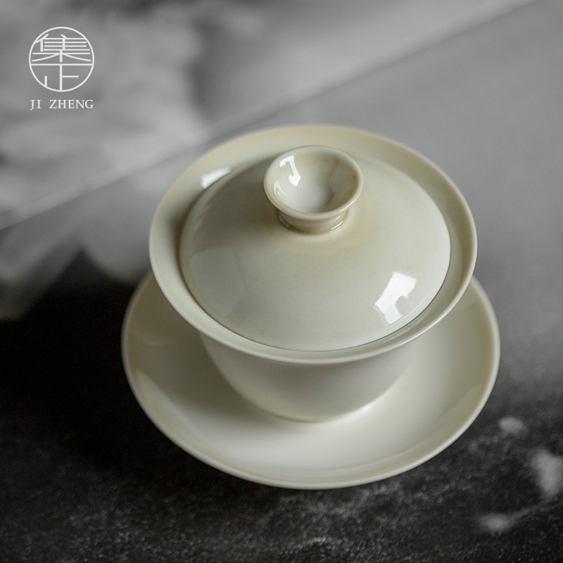 Vegetable Green Gray Small Covered Bowl Kung Fu Tea Set Sancai Covered Bowl Imitation Song Suya Zen Style Tea Bowl Small Single