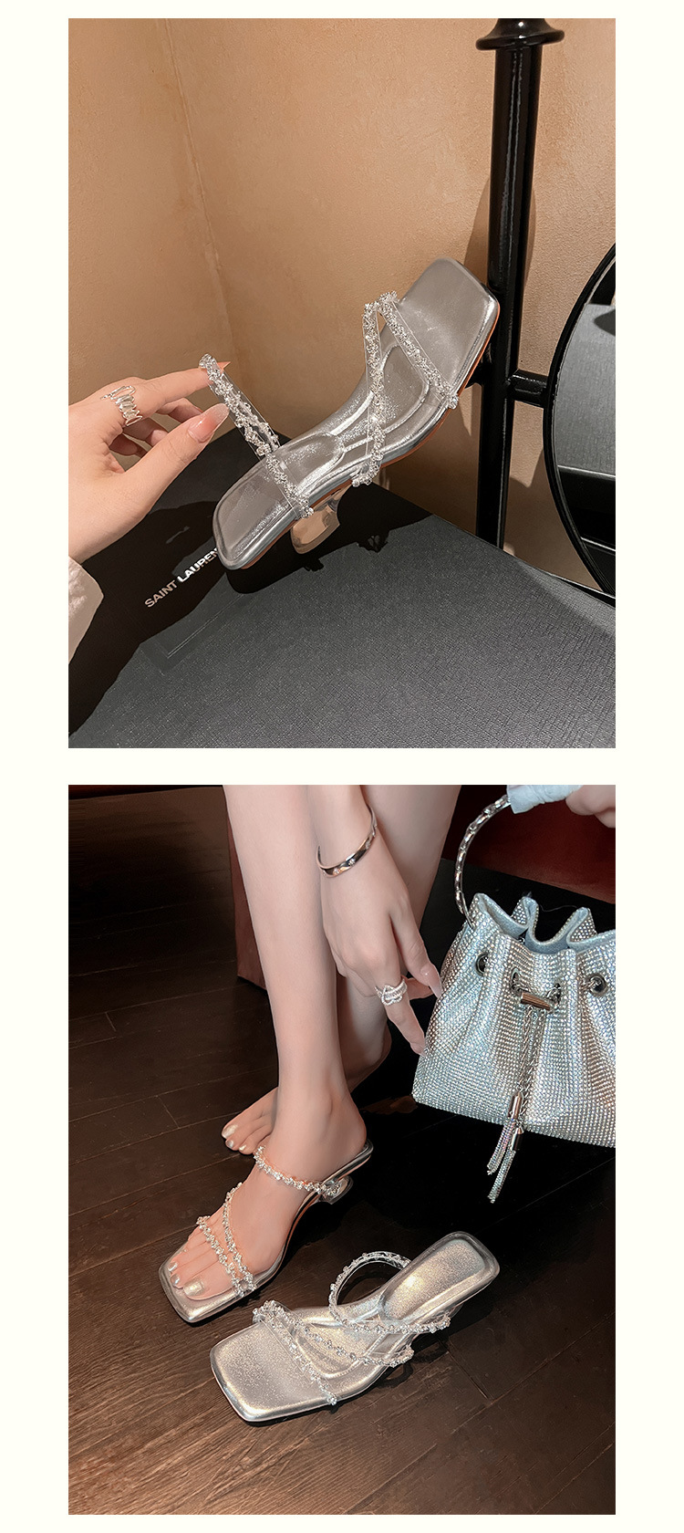 Sandal nữ quai mảnh đính đá mũi vuông hở mũi gót cao trong suốt đế xuồng — trắng chi tiết 23