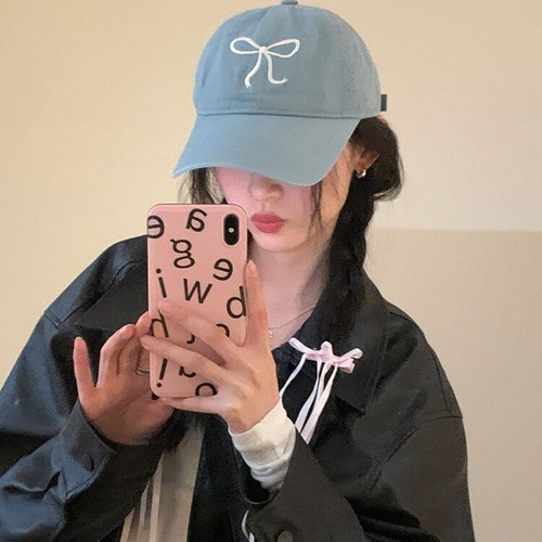 Korean Instagram-style baseball cap for girls with bow tie, sweet and cute, romantic pink hat, versatile, soft brim duckbill cap