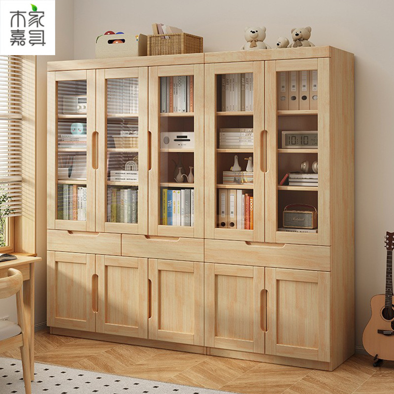 Nordic Solid Wood Floor-Standing Bookcase Study Two or Three Door Combination Storage Cabinet Glass Door Dust-Proof Bookshelf File Storage Cabinet