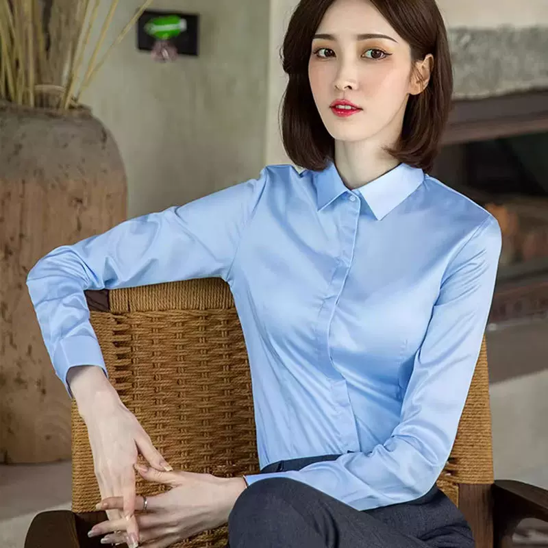 蓝色职业白衬衫女长袖2025新款春工装工作服正装考公面试长袖衬衣