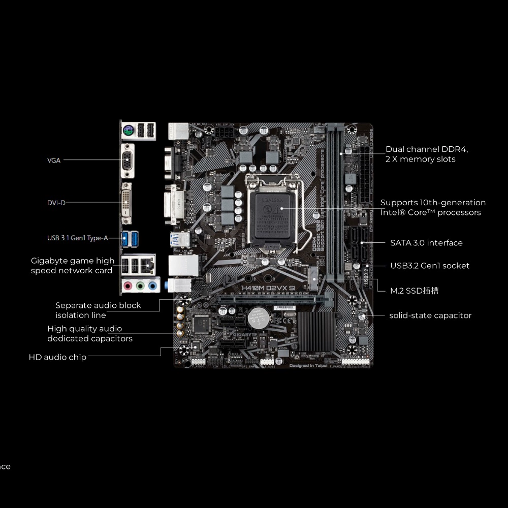 Материнская плата Gigabyte H410M-D2VXI-SI V2 V3 1200-пиновая DDR4 память с M.2 настольный компьютер