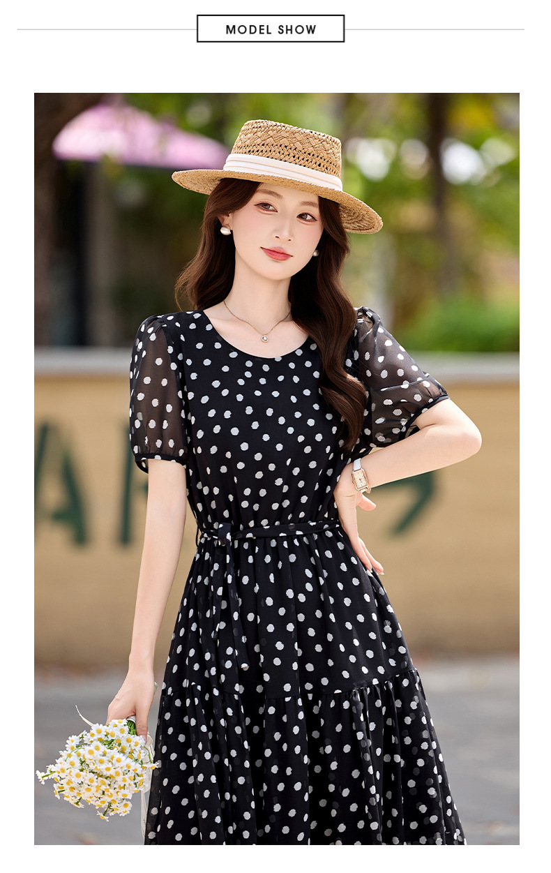 Đầm maxi nữ thắt eo chấm bi tay ngắn phong cách thời trang — màu đen, màu trắng chi tiết 11
