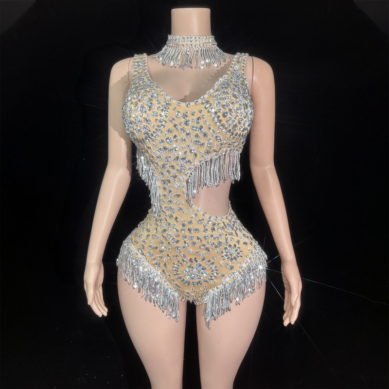 New Fashionable Tassel Rhinestone Slim-Fit Hollow-Out Short Jumpsuit for Latin Dance, Cheerleading, Figure Skating, and Stage Performance