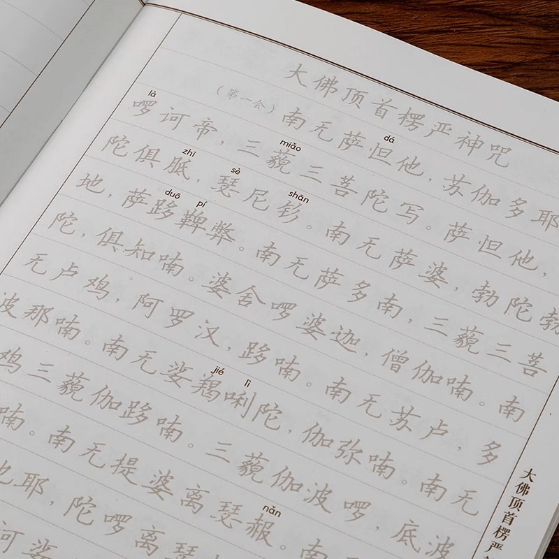 A handwritten copy of the Lingyin Sutra with Pinyin annotations, a calligraphy practice book for copying Buddhist scriptures in simplified Chinese horizontal style, and a mindful writing workbook for hard-tip calligraphy.