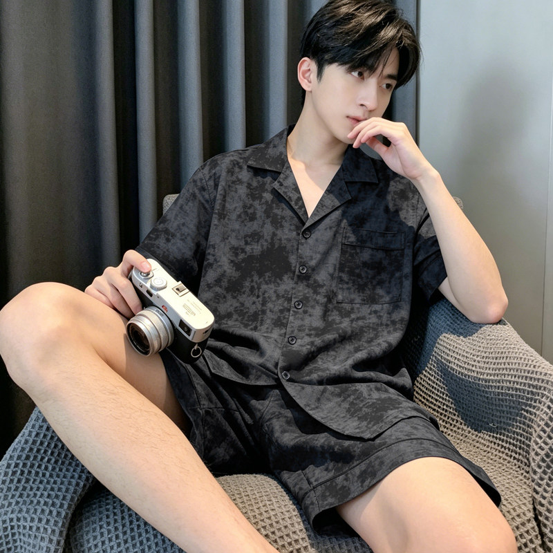 Men's Black Tie-Dye Ink Wash Pajamas Summer Short-Sleeved Shorts Set Ice Silk Lapel Cardigan Loose-Fitting Loungewear Men's Black Tie-Dye Ink Wash Pajamas Summer Short-Sleeved Shorts Set Ice Silk Lapel Cardigan Loose-Fitting Loungewear