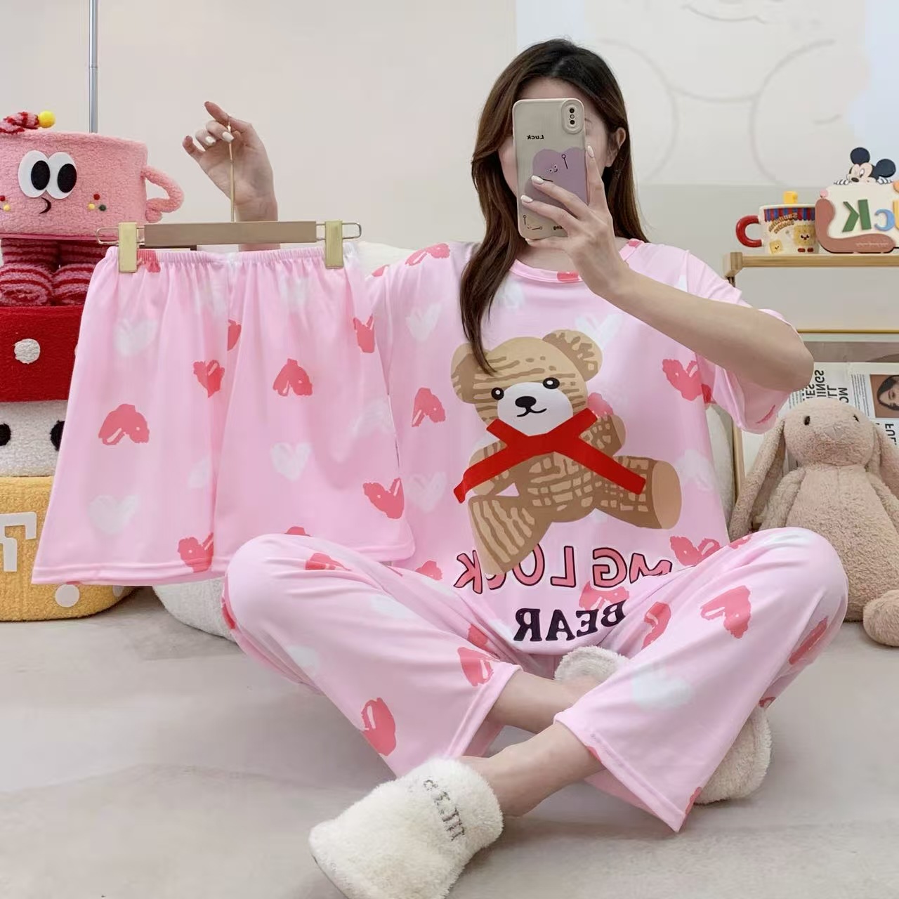 Pijamas de verano transfronterizos pijamas de leche de seda de tres piezas set de dibujos animados comercio exterior ropa para el hogar pantalones de mangas cortas lindos