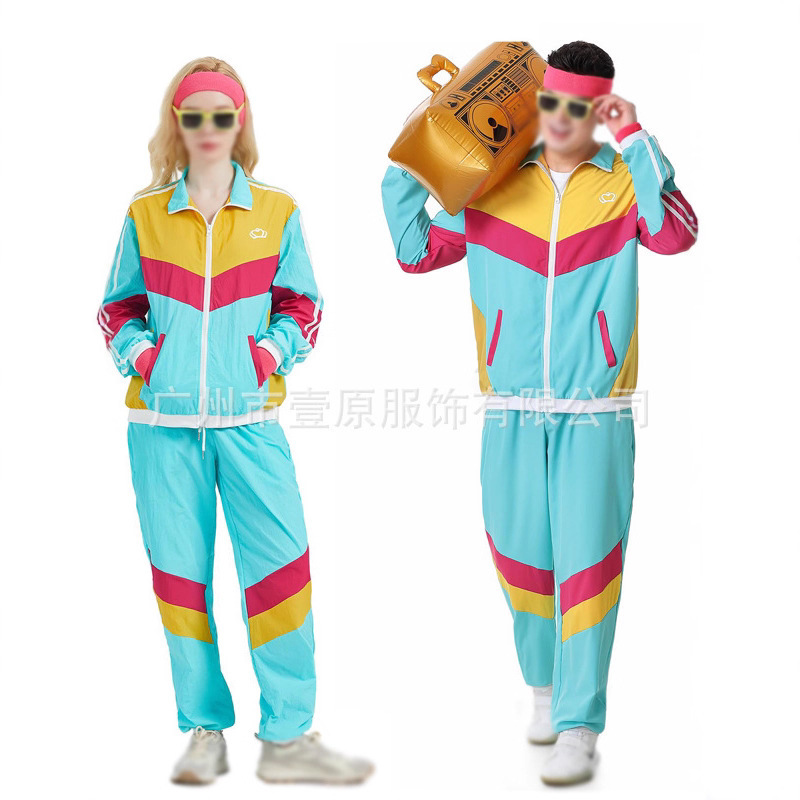 Cross-Border European and American 2025 Amazon New Style 90S Hippie Retro Party Clothing Color-Blocked Sportswear Two-Piece Set