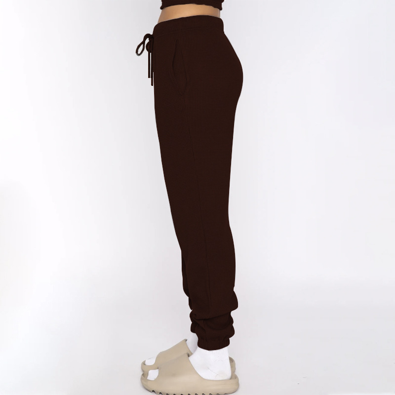 Spring Summer Solid Color Waffle round Neck Short Sleeve Women Clothing Casual Trousers Sets