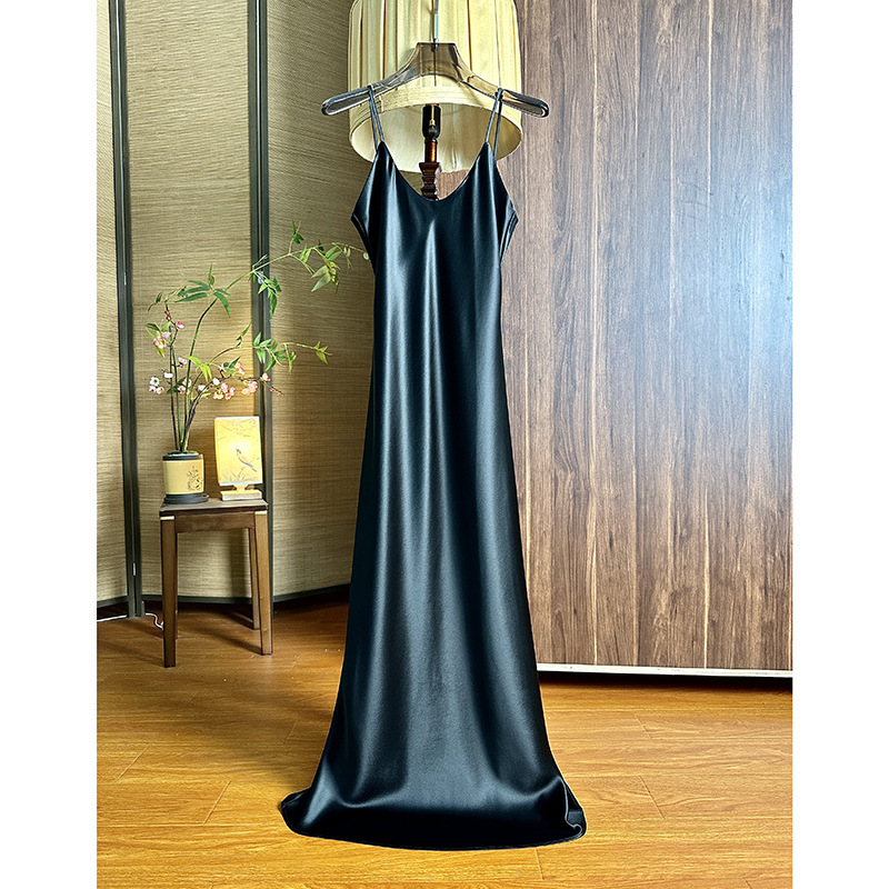 French Style U-Neck Acetate Satin Sling dress Elegant Elegant Long Tall Slim Waisted Slim Look Long Dress